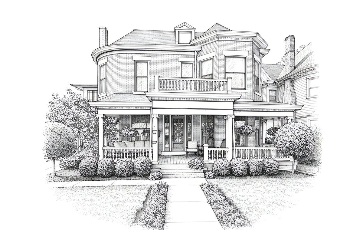 Pen and ink illustration of a Victorian home